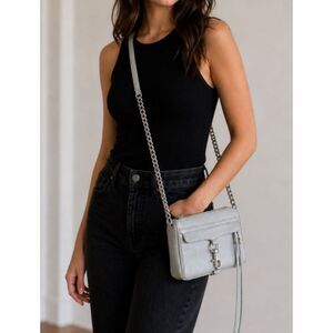 Rebecca Minkoff Gray Genuine Leather MAC Crossbody Bag with Silver Chain Strap